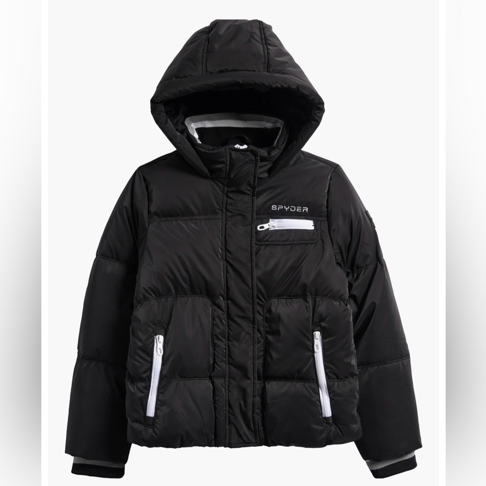 NWT- Spyder Big Kids' Hooded Puffer Jacket, black/white, size Large (14/16)